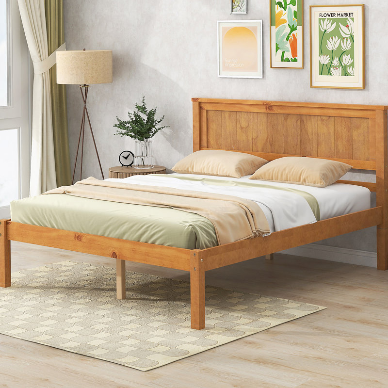 Base de lit plateforme avec tête de lit, support en lattes de bois, Blanc, Double