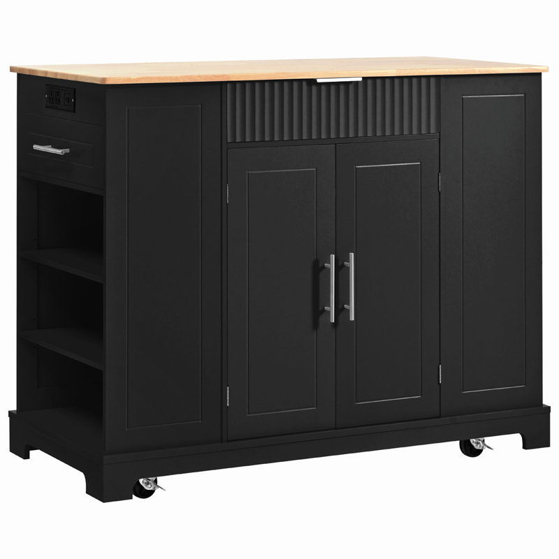 Kitchen Island With Trash Can, Rolling Kitchen Island With Power Outle Rolling Kitchen Islands Cart On 5 Wheels With 3 Drawer, 3 Open Side Racks For 10 Gallon Garbage Bin