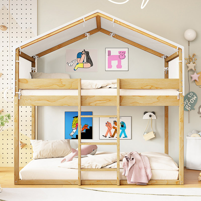 Lit simple superposé en bois avec tente, Naturel