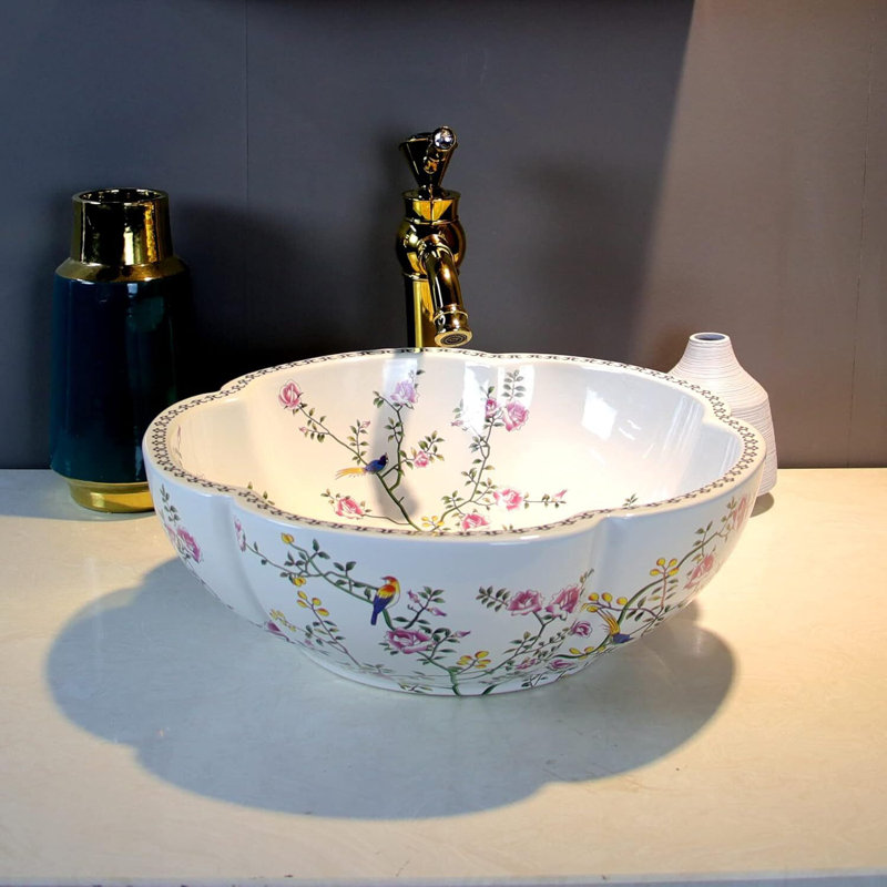 Lavabo de salle de bain vasque en céramique blanche avec motif floral et oiseau unique