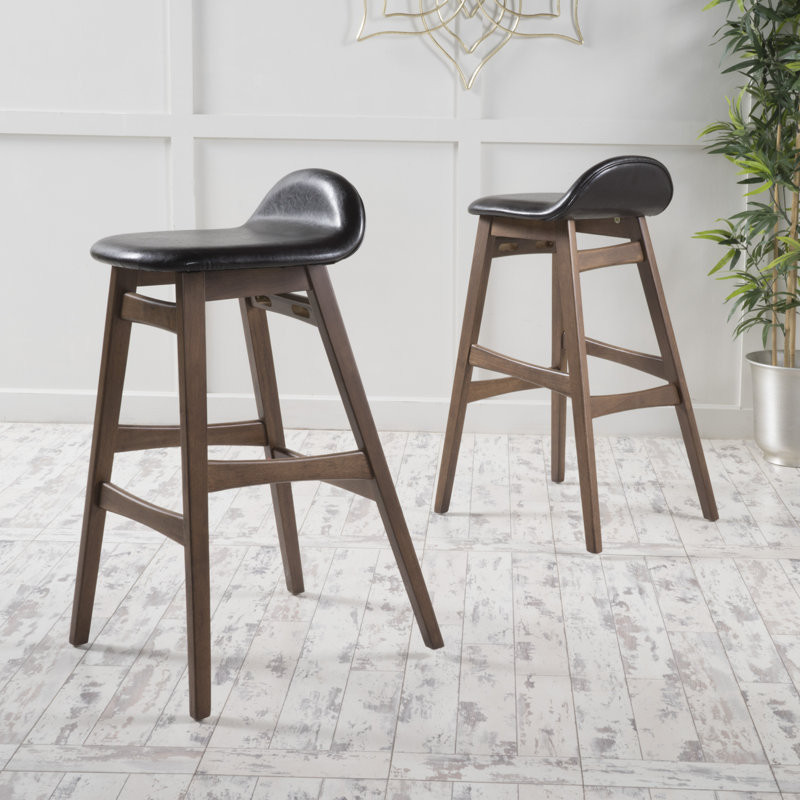  Tabourets de bar en cuir de polyuréthane brun foncé, ensemble luxueux de 2 chaises de pub de style Mid-Century moderne, tabourets contemporains en bois à finition noyer à dossier bas