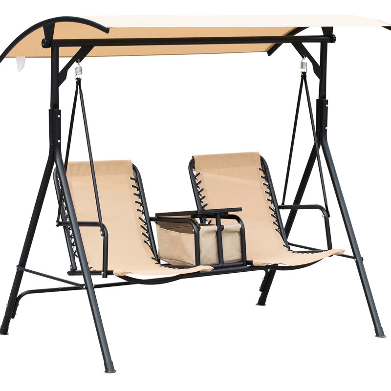 Patio Swing Chair For 2, Outdoor Canopy With Hidden Storage, Sun Blocking, Beige Canopy, Pivot Table, Cup Holder, Adjustable Shade, ,
