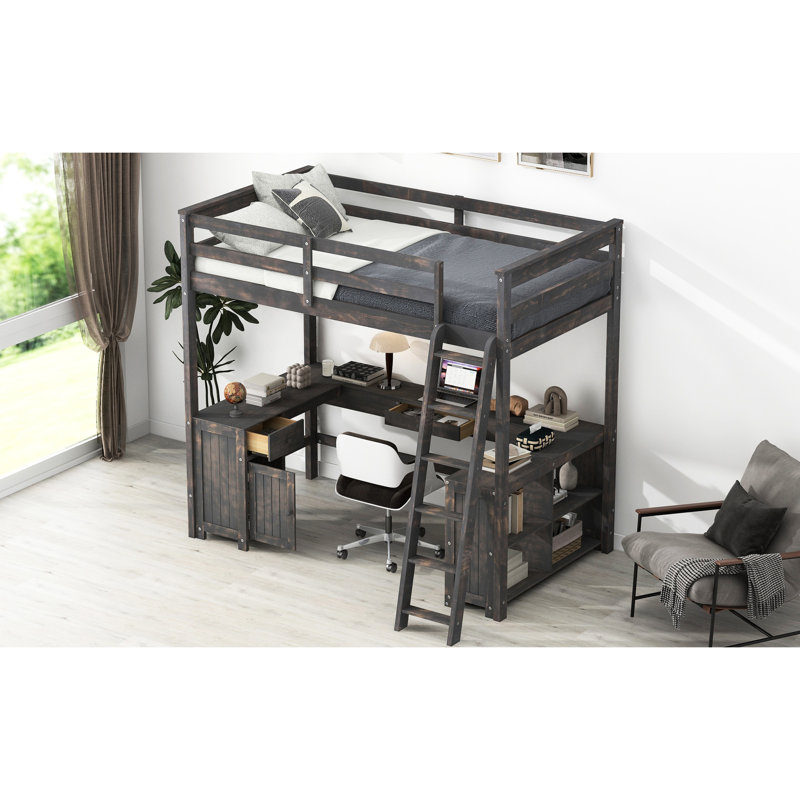 Lit mezzanine double en brun antique avec bureau en forme de U et options de tiroirs abondantes - cadre en bois stable offrant de nombreux choix de rangement
