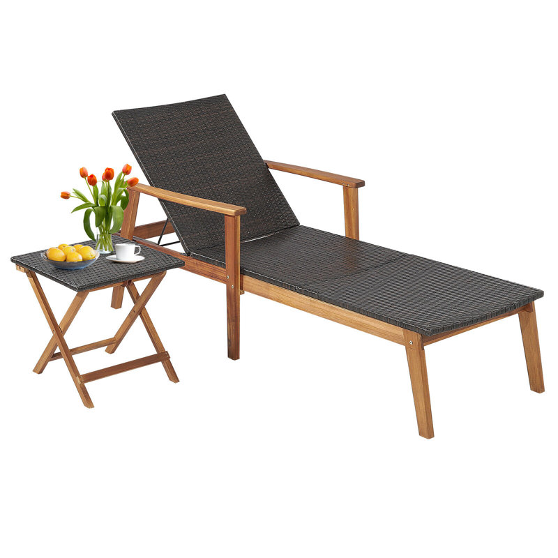 Arshia Outdoor Chaise Lounge with Table, Solid Wood