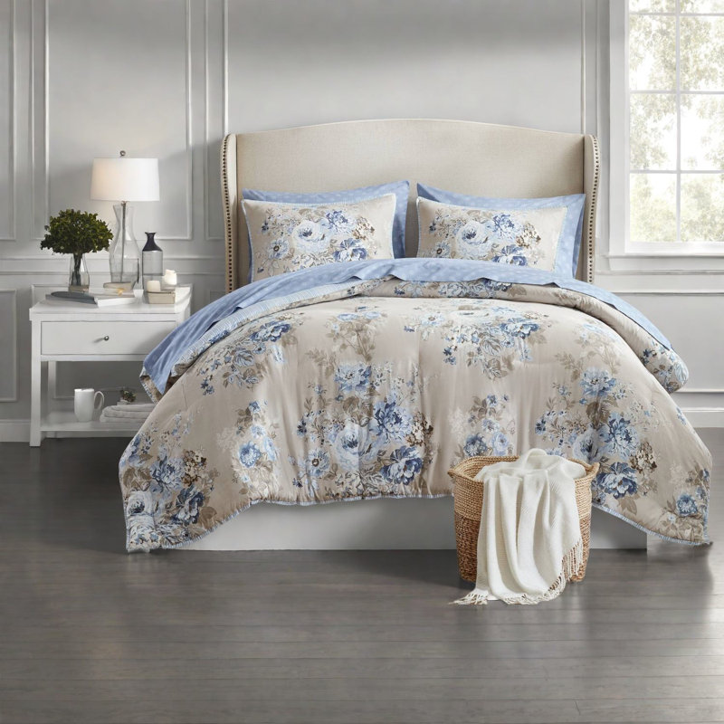 Ensemble de literie pour lit simple TG 5 pièces d'inspiration rétro, motif floral bleu beige