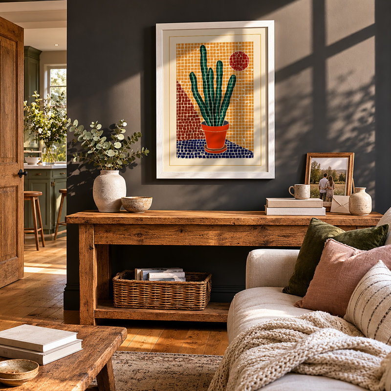Geometric Cactus Mid-Century - Framed Print, A4 - 29.7 x 21.0 cm, White