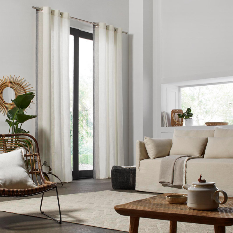 Elio Linen Semi Sheer Door Curtain Single Panel, White/Grey