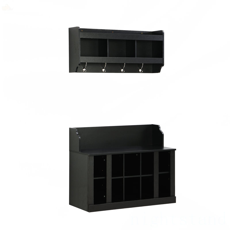 Banc de rangement pour chaussures avec tablettes et 4 crochets, Noir
