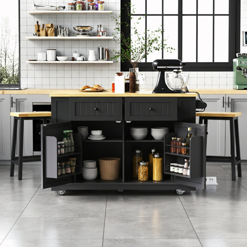 Door Internal Storage Rack Kitchen Island With Wheels And Power Outlet, Black