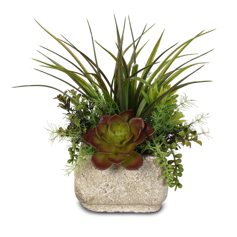 Green and Dark Brown Silk Succulent Arrangement in Stone Pot