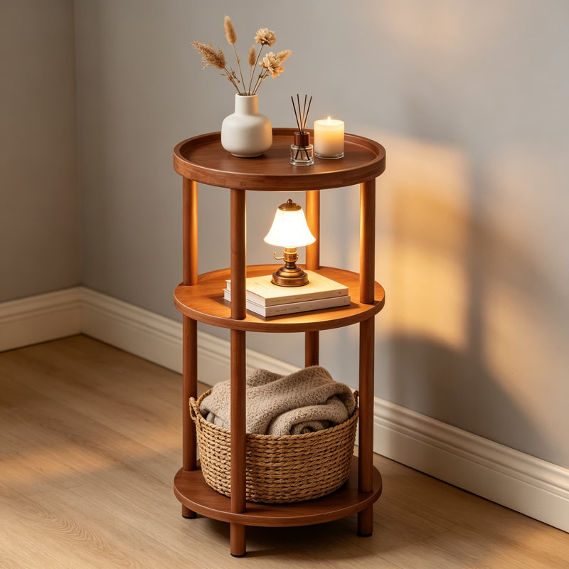 Petite table d'appoint ronde avec station de charge, table de bout en bambou à 3 niveaux, table de chevet compacte pour petits espaces, assemblage facile, appartement dans la chambre à coucher du salon
