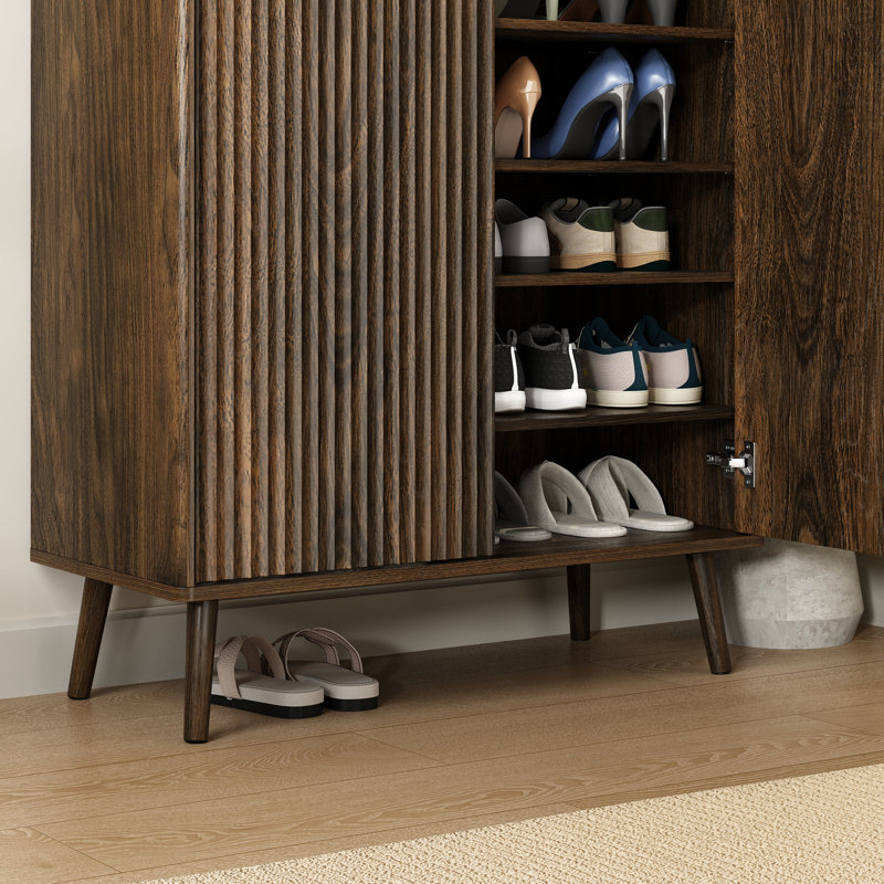 24 Pair Shoe Storage Cabinet With 2 Fluted Doors,adjustable Shelves,, Dark Brown Wood