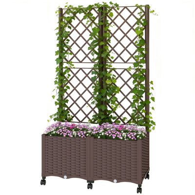 Planter Box With Trellis, Self Watering Raised Garden Bed With Lockable Wheels And Drainage Holes, Gray