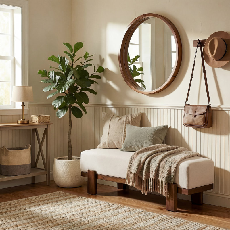 Banc rembourré en bois d'hévéa Modern, Beige