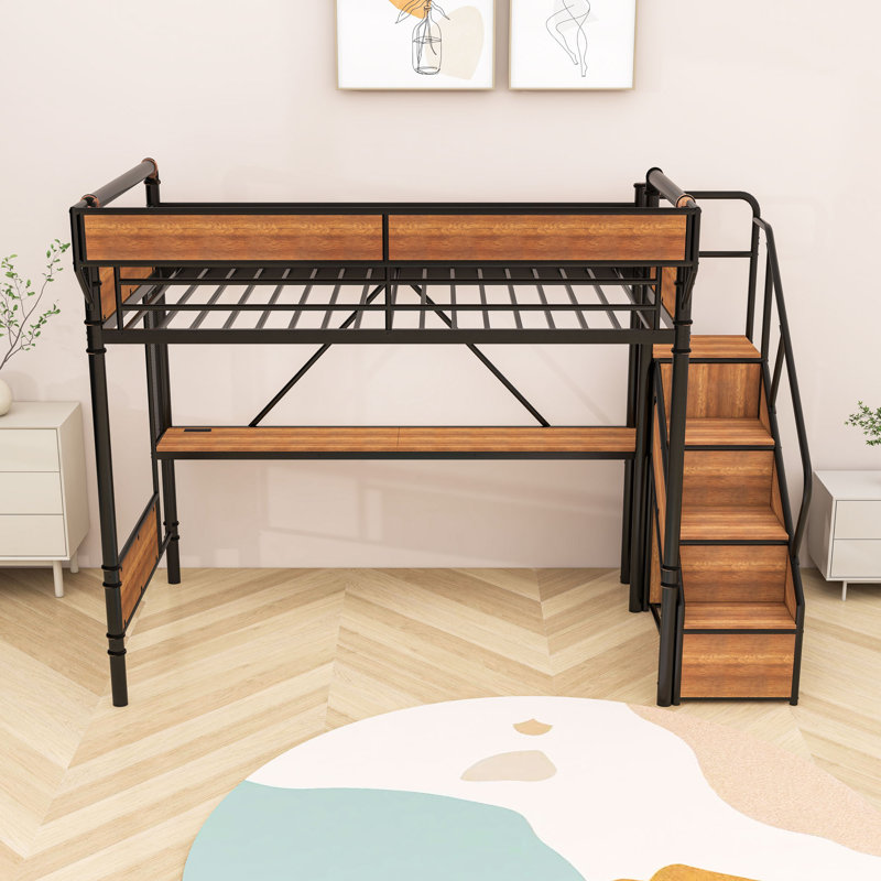 Lit mezzanine avec bureau intégré, prise de courant, bande DEL, panneau perforé, escalier de rangement et garde-robe, Noir
