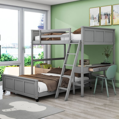 Icaro Wood Bunk Bed with Desk and Drawers, Ladder