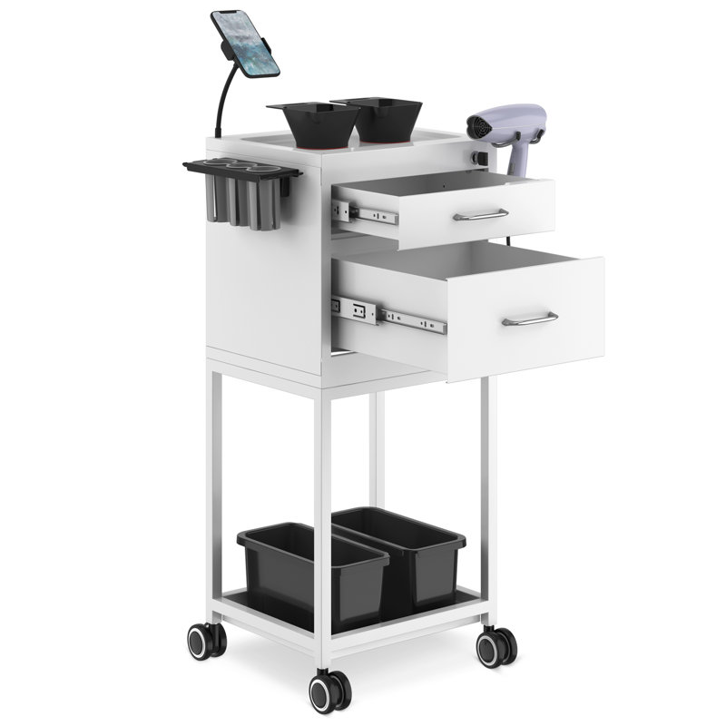 Rolling Craft Cart Metal Storage Cart with Lockable Drawer Salon SPA Trolley, White