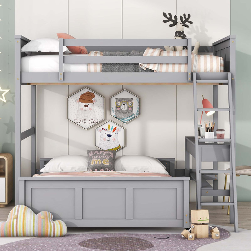Twin Over Full Bunk Bed With Desk, Gray,  Twin