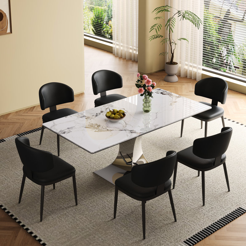 Table de salle à manger pour 6 à 8 personnes, forme rectangulaire, profondeur de 71 pouces, fabrication en pierre frittée et en acier inoxydable, table moderne facile à assembler, 71 po x 35,4 po, hauteur 30 po, base noire, pierre, peau