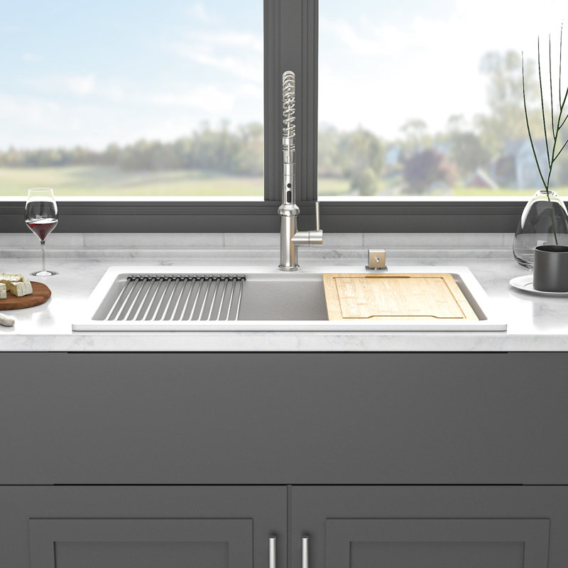 33" X 22" White Composite Workstation Kitchen Sink - Drop In, Quiet Operation, Rounded Corners For Easy Wiping, Package With Strainers Sink, Corners, Cleaning, Drying Roll Up Rack, Cutting Board