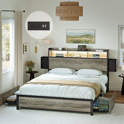 Antioch Bed Frame with 2 Underbed Drawers & 2 Bedside Drawers, Modern Bed with Charging Station & LED Light