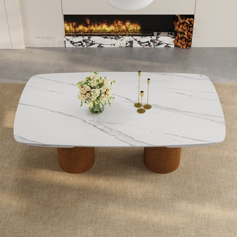 Table de salle à manger rectangulaire extensible de 63 à 94,5 po, plateau en pierre et base en bois massif, table de salle à manger moderne pour 6 à 10 personnes