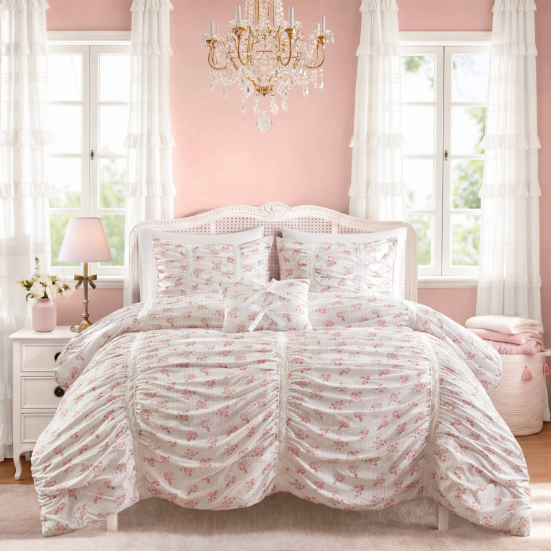 Pink Printed Comforter Set with Lace Ruching – Twin/Twin XL, 3-Piece