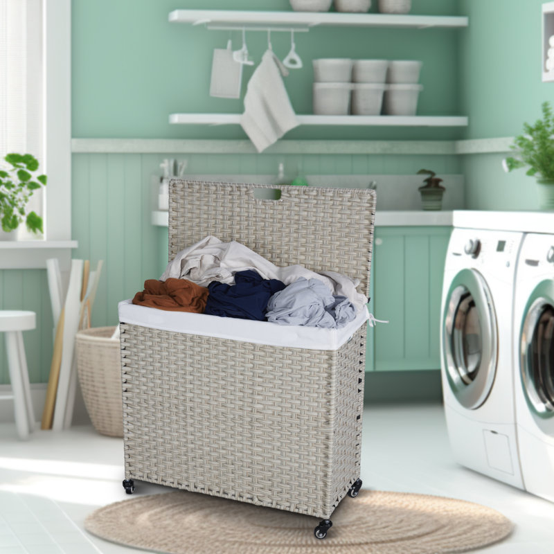 Modern Wicker Rolling Laundry Hamper with Handles, Grey