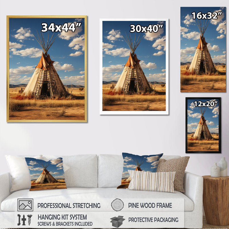 Beige corail, tipi natif, vents qui soufflent, encadré sur toile, H 44 po x l 34 po x P 1,5 po, Encadrement doré