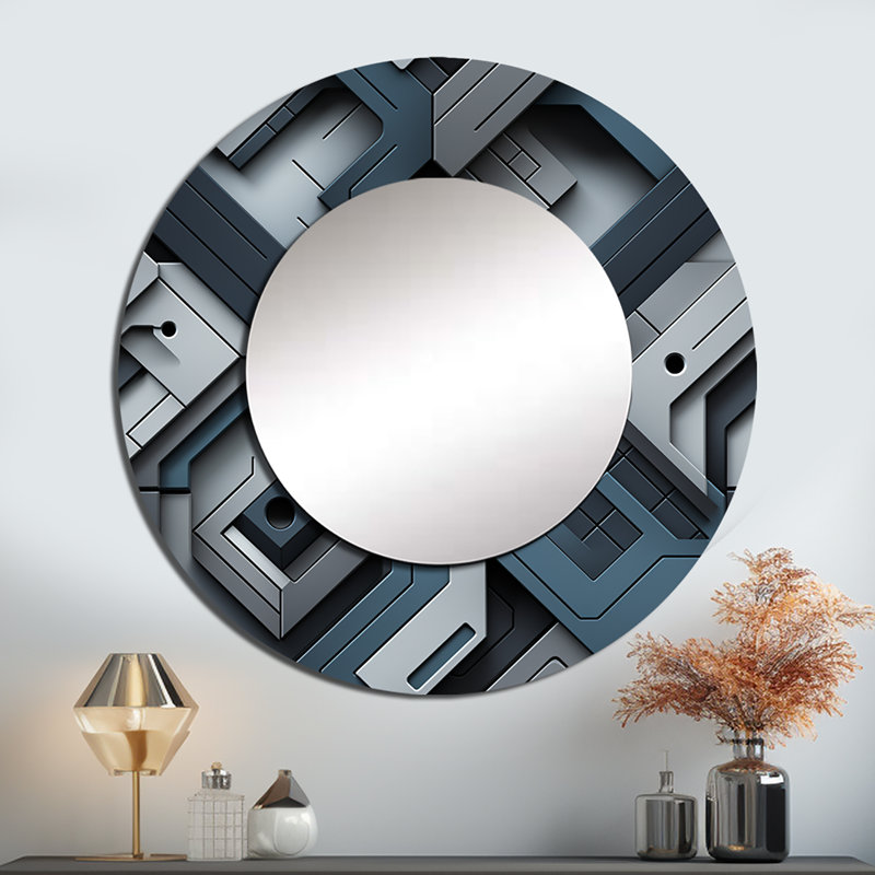Rivkah - béton gris symétrique géométrique - miroir décoratif géométrique, miroir mural rond gris, impression d'art en métal