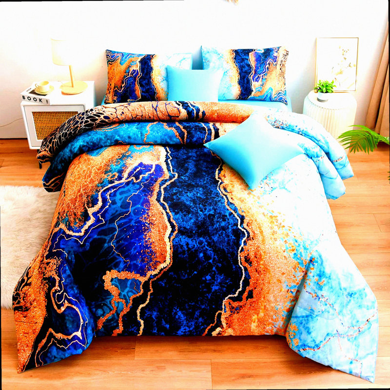 Mountain Marble Watercolor Comforter Set - Retro Style 7pcs Bedding Set for Queen Size Bed - Ultra Soft Bed in a Bag with Burning Mountain Print