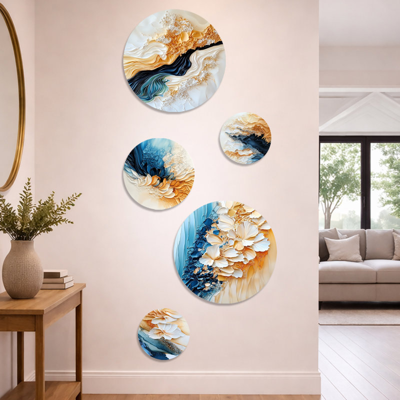 «Abstract Coastal Blue Echo Landscape», ensemble d'art mural abstrait en métal transitionnel moderne de 5