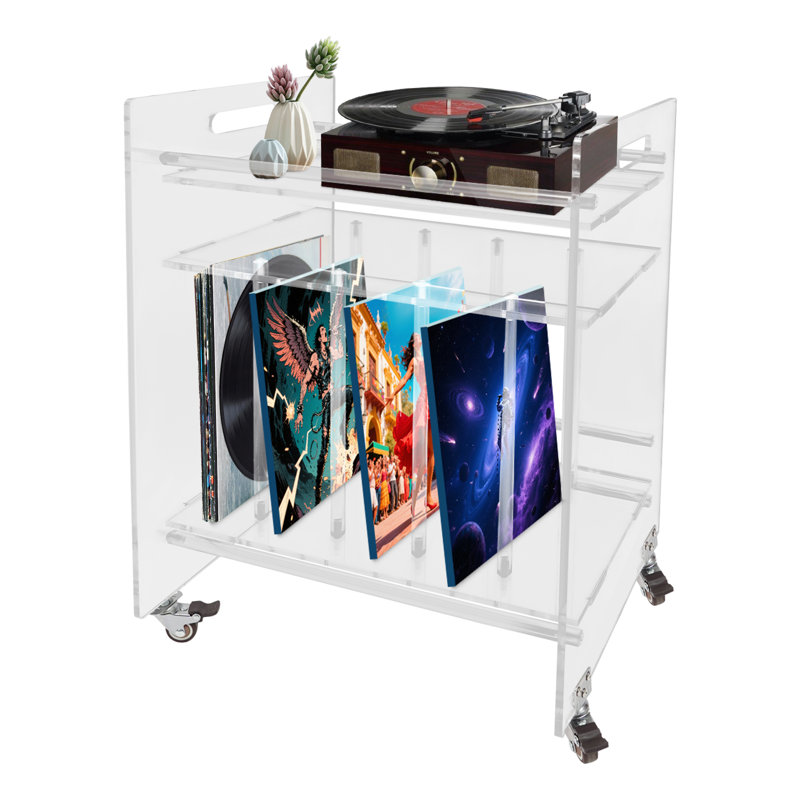 Record Player Stand Clear Acrylic 3-Tier Rolling Vinyl Storage Rack with Wheels