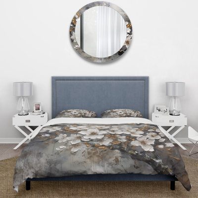 White Grey Cherry Blossum Harmony I - Floral Duvet Cover Set