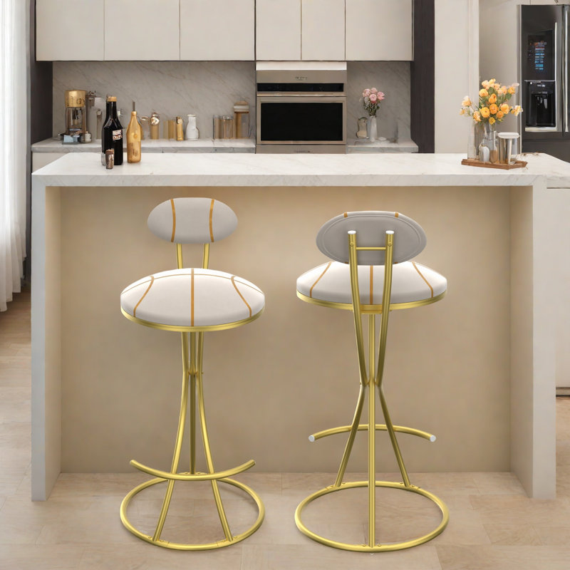 Ensemble de 2 tabourets de bar ronds modernes avec dossier en velours et structure en métal, Doré