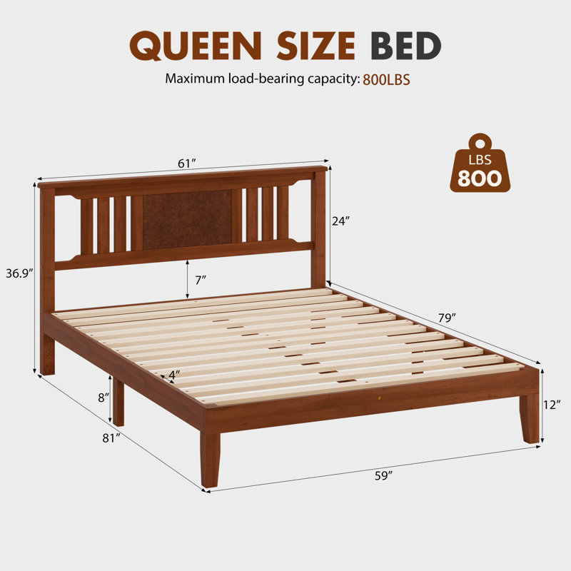 Avelyn Modern Solid Wood Platform Bed Frame with Headboard, Brown, Queen