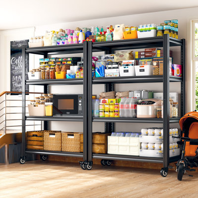 4-tier Heavy Duty Steel Shelving  Unit With 4 Lockable Wheels, Adjustable Shelving Rack With Double-layer Support Columns