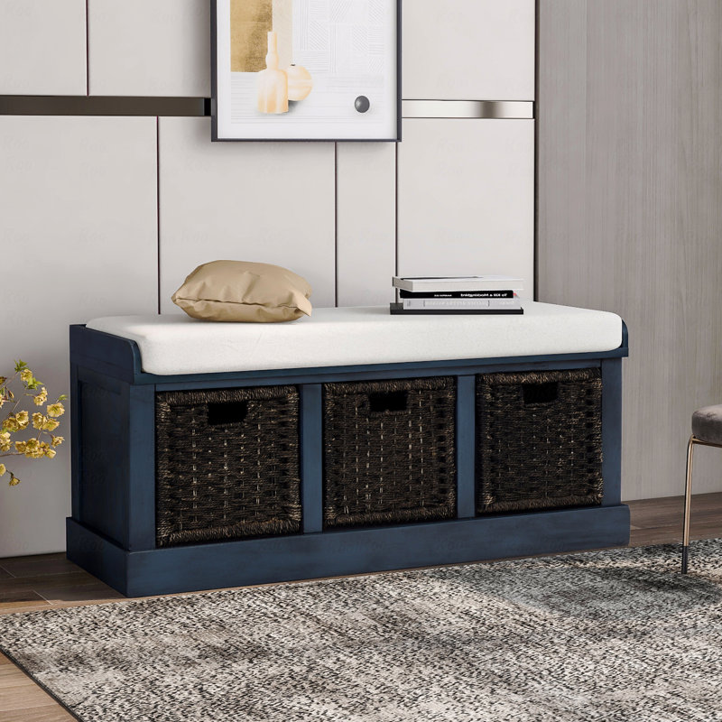 Banc de rangement rustique avec 3 paniers en rotin classiques amovibles, banc d'entrée avec coussin amovible, Bleu