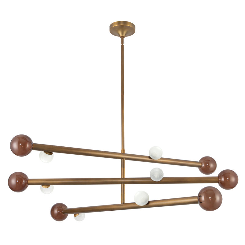 Reese 12 - Light Chandelier, Vintage Brass/Amber Glass