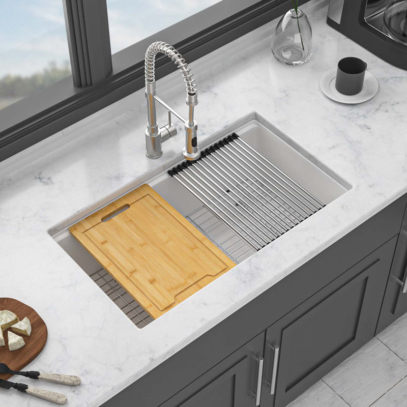Quartz Kitchen Sink - 33x19" White granite composite Workstation undermount kitchen sink, 33x19"