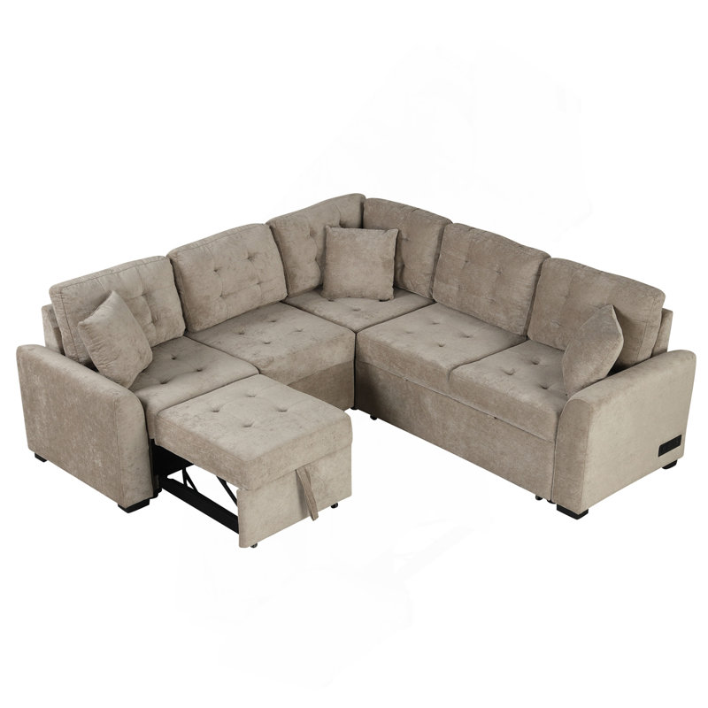 Canapé-lit escamotable en forme de L 82,6 po avec roulettes, ports USB, prises de courant pour le salon, kaki
