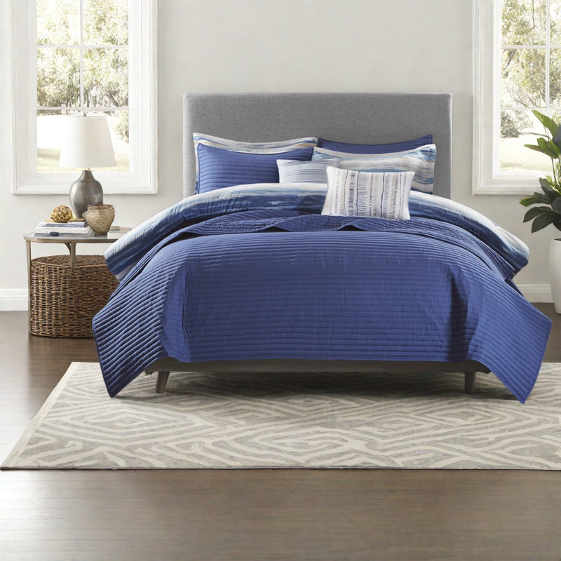 Ensemble de literie confortable en seersucker 8 pièces, polyester bleu, décor de chambre à coucher moderne