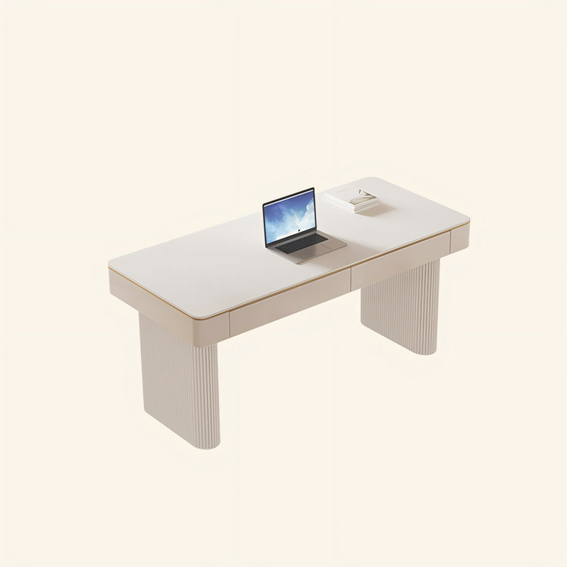 White rectangular Sintered Stone Desk,2-drawer, 29.53" H x 39.37" W x 19.69" D