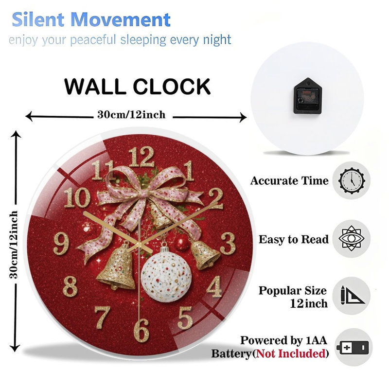 Horloge murale moderne en verre rouge avec paillettes et horloge murale 12 po