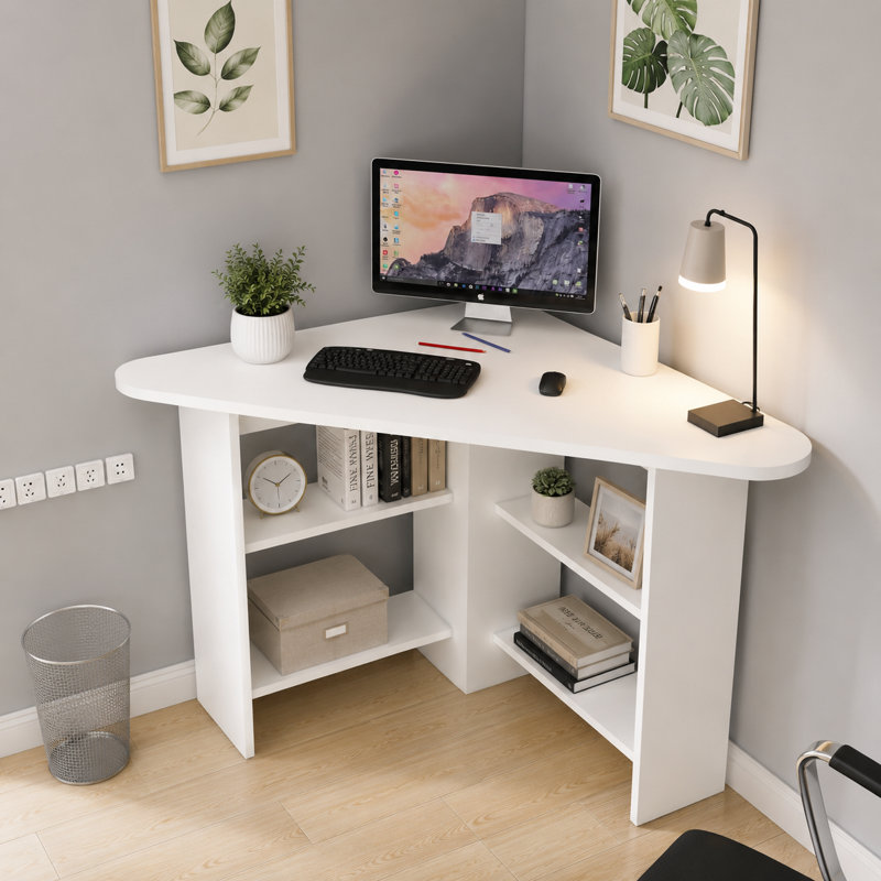 Corner Computer Desk with Shelves, White