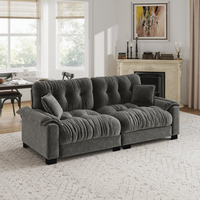 94" W Modern Gray Chenille Pleated Three-Seater Sofa with Spring Support