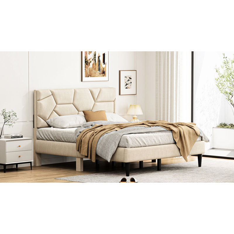 Structure de lit pour grand lit beige - solide, silencieuse, sans sommier, avec cadre de rangement de taille optionnelle, rangement inférieur, assemblage facile