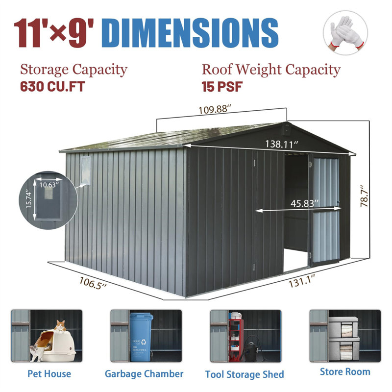 Remise de 11 pi x 9 pi avec structure en acier galvanisé et fenêtres, remise pour outils de jardin en métal