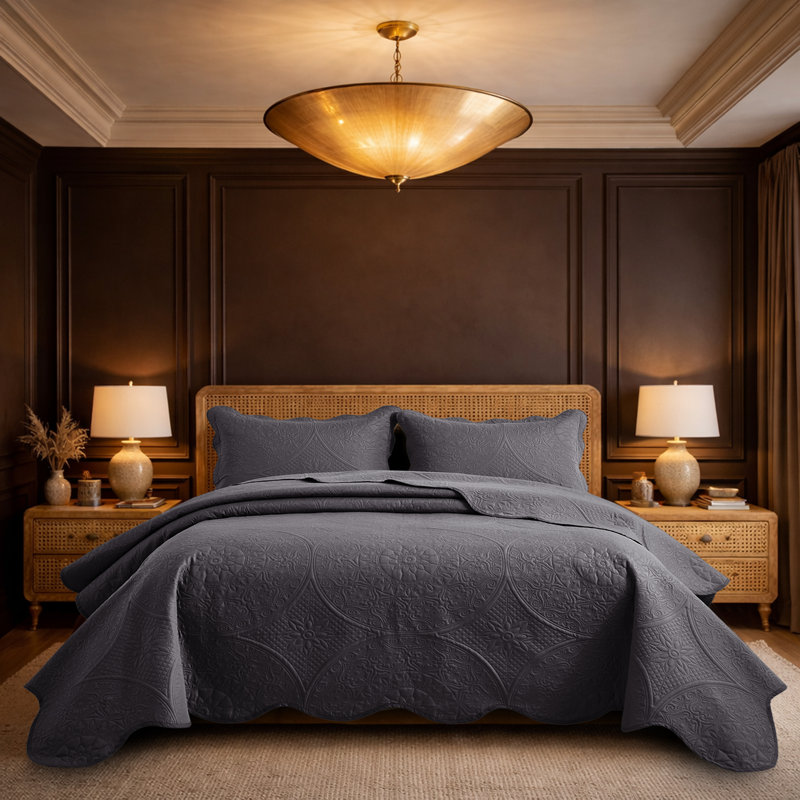 Ensemble de couvre-lit matelassé à motif floral simple Moonlight’S - 2 pièces, Gris