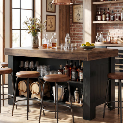 55.12-Inch Wood Bar Table With Storage Shelves, Farmhouse Home Bar Unit Pub Table For Kitchen, Bistro
